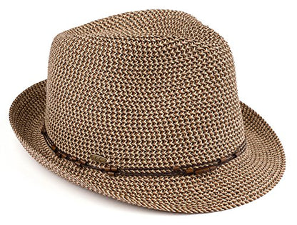 Funky Junque Short Brim Fedora Packable Sun Hat for Women - color: Brown Multi W/ Beaded Ropes