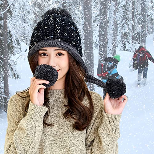HUAMULAN Women Winter Sherpa Knit Beanie Hat Fleece Lined Ear Flaps - color: Black