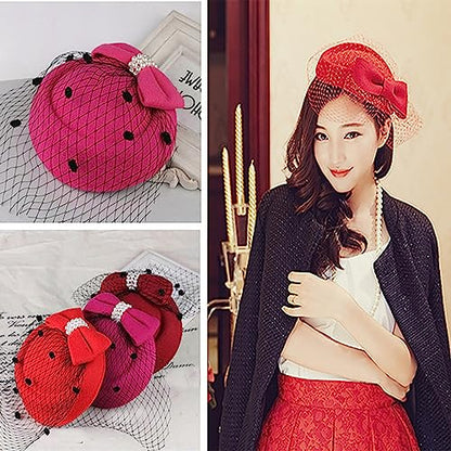 Fascinators Hats Pillbox Hat for Girl and Women - color: Wine Red-fascinator With Bowknot Veil