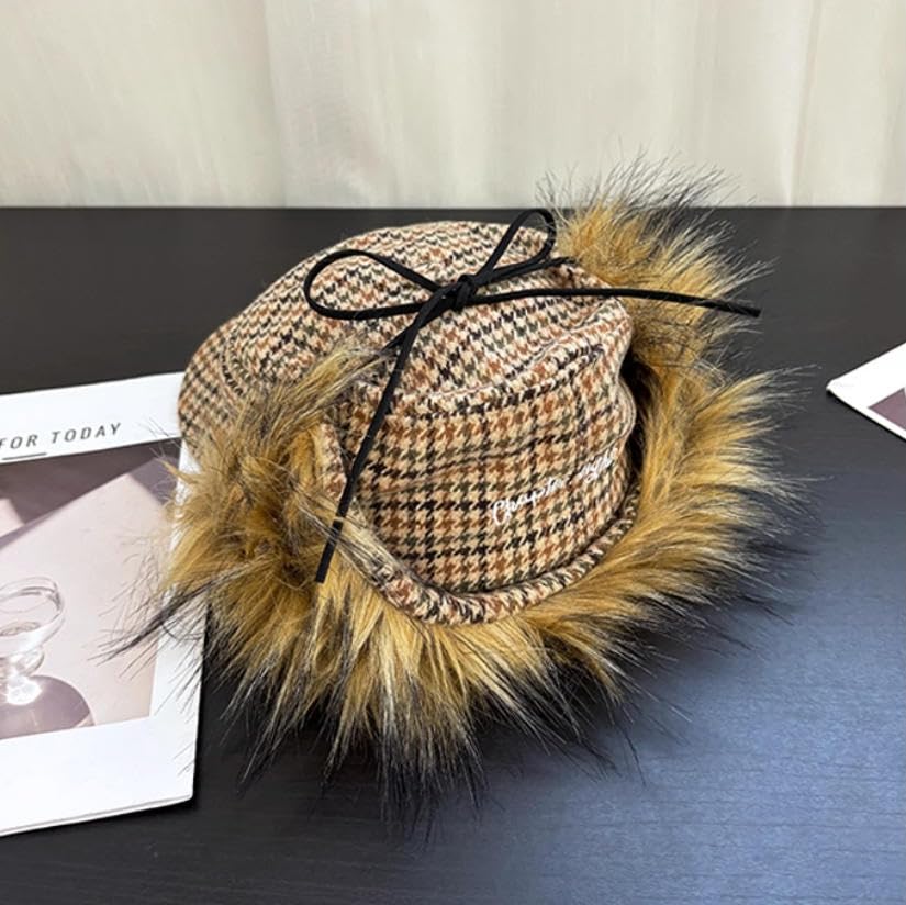 URAWOW Faux Fur Baseball Cap Women Winter Fall Grunge Aespa NINGNING Same Style Trapper Hat Plush Retro Fashion Ear Warmer - color: Houndstooth