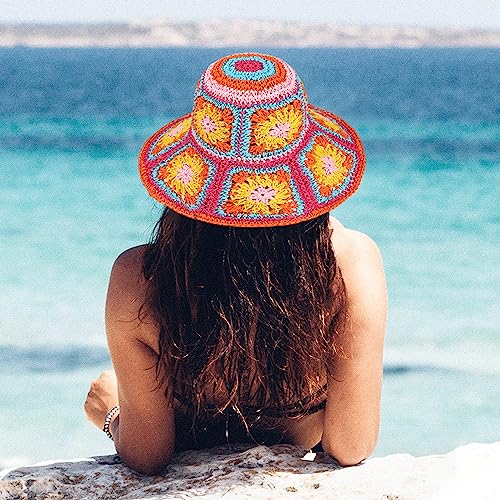 Womens Multicolor Floral Crochet Straw Sun Hat Wide Brim Summer Beach Hat - color: Rose