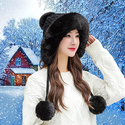 HUAMULAN Women Winter Sherpa Knit Beanie Hats Fleece Lined Ear Flaps - color: A1-m1399-black