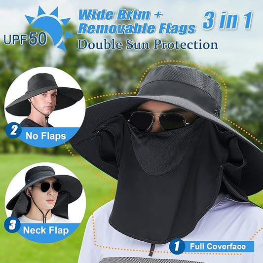 Super Wide Brim Fishing Hat UPF 50+ Sun Safari Hat with Removable Neck Face Flap - color: Black