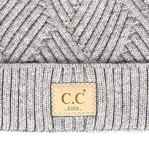 C.C Kids' Suede Patch Snuggly Soft Warm Knit Pom Cuff Beanie - color: Criss Cross Faux Fur, Light Melange Gray Mix
