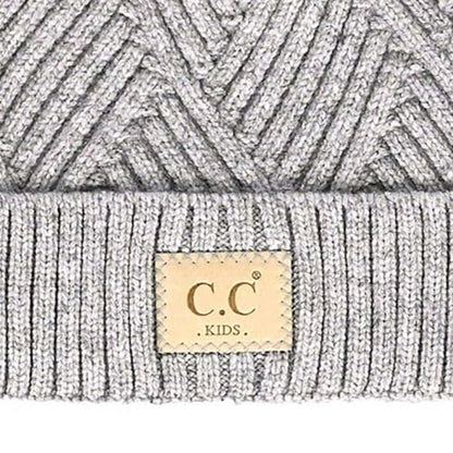 C.C Kids' Suede Patch Snuggly Soft Warm Knit Pom Cuff Beanie - color: Criss Cross Faux Fur, Light Melange Gray Mix