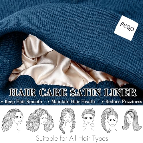 FEQO 4 Pack Satin Lined Winter Beanie Hats Soft Silk Lined Beanies - color: Oatmeal, Blue, Dark Gray, Black