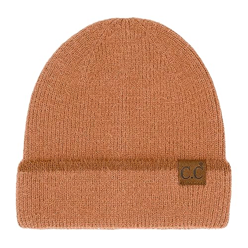 C.C Fuzzy Beanie for Women Unisex - Acrylic Stretchable Soft Warm Knit Winter Skully Hat - color: Feather Yarn-rust