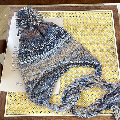 yolrdiw Women's Boho Crochet Colorful Hat Tassel Braid Winter Knit Beanie with Ear Flaps Pom Pom - color: Blue
