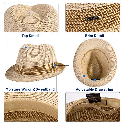 Fancet Packable Straw Fedora Panama Sun Summer Beach Hat Cuban Trilby Men Women 56-67cm - color: Black, size: X-Large