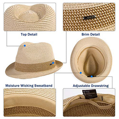 Fancet Packable Straw Fedora Panama Sun Summer Beach Hat Cuban Trilby Men Women 56-67cm - color: Beige-black, size: 3X-Large