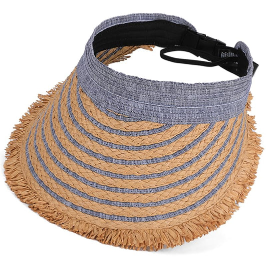 Straw Sun Visor Summer UV Protection Packable Wide Brim Beach Hat Ponytail Women - color: A-denim