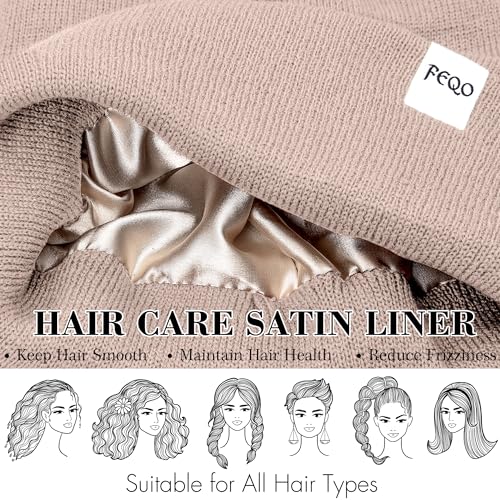 FEQO 4 Pack Satin Lined Winter Beanie Hats Soft Silk Lined Beanies - color: Black, White, Light Gray, Oatmeal