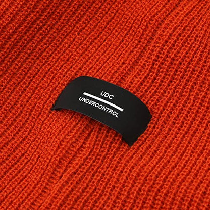 UNDERCONTROL Logo Label Patch Unisex Fall Winter Short Thick Cuffed Rollup Warm Beanie Korea Trawler Fisherman Knit Skull Hat - color: Athletic Orange