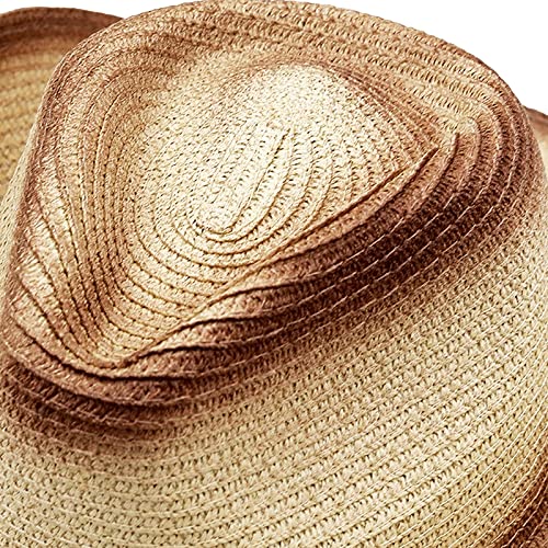 Cowboy Straw Hat Men Women Wide Brim Fedora Panama Bucket Hat UV Protection Vacation Cap Foldable Beach Western Cap - color: Beige-red