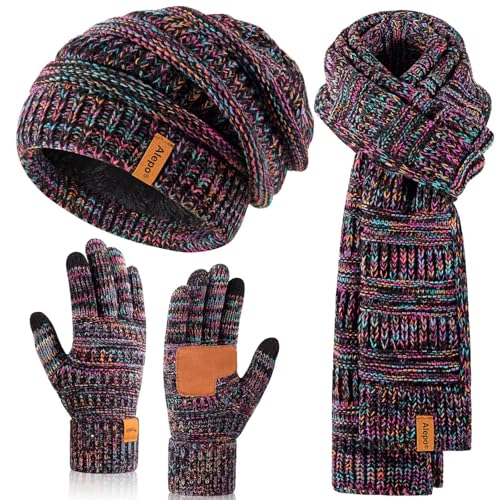 Winter Beanie Hat Scarf Gloves Set for Women, Slouchy Beanie Long Scarf Touchscreen Gloves, Warm 3 in 1 Set - color: Multicolor-01