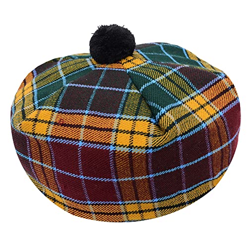 HAAUR Scottish Tammy Hat Traditional Kilt Tam o' Shatner Acrylic Wool Flat Bonnet Various Tartans with Pompom One Size - color: Buchnan Muted