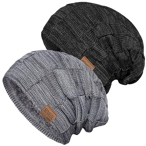 Senker Fashion 2 Pcs Winter Slouchy Beanie Hats for Men, Warm Mens Beanies - color: Black Grey