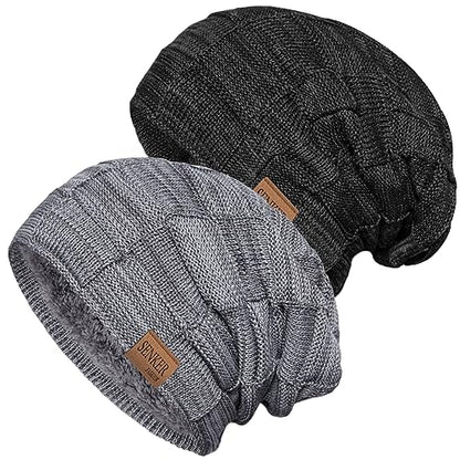 Senker Fashion 2 Pcs Winter Slouchy Beanie Hats for Men, Warm Mens Beanies - color: Black Grey