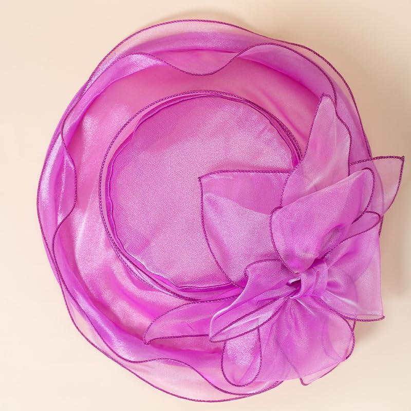 Haoohu Women's Church Derby Hat Wide Brim Bow Bucket Hat Wedding Dress Hat Fascinator Bridal Tea Party Hat - color: H-rose Red