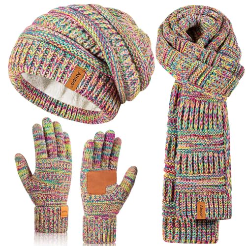 Winter Beanie Hat Scarf Gloves Set for Women, Slouchy Beanie Long Scarf Touchscreen Gloves, Warm 3 in 1 Set - color: Multicolor-02
