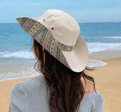 Womens Wide Brim Floral Summer Sun Hat UPF 50+ Ethnic Style Foldable Floppy Sun Protection Travel Beach Bucket Hat - color: Beige