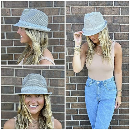 Funky Junque Short Brim Fedora Packable Sun Hat for Women - color: 2 Pack - White & Grey