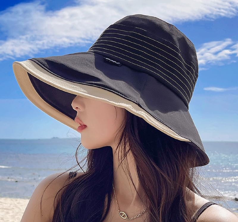 Womens Sun Hats with UV Protection Wide Brim Summer Beach Hat Upf50+ Foldable Travel - color: Black