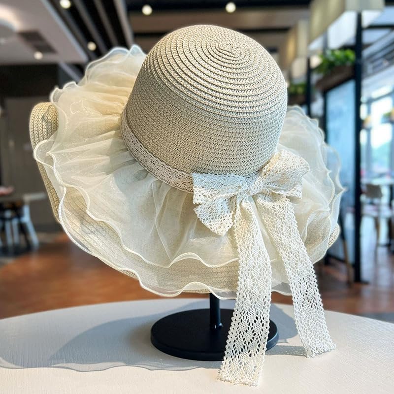 Women Summer Straw Hat Sun UV Protection Wide Brim Breathable Beach Visor Hats - color: Beige