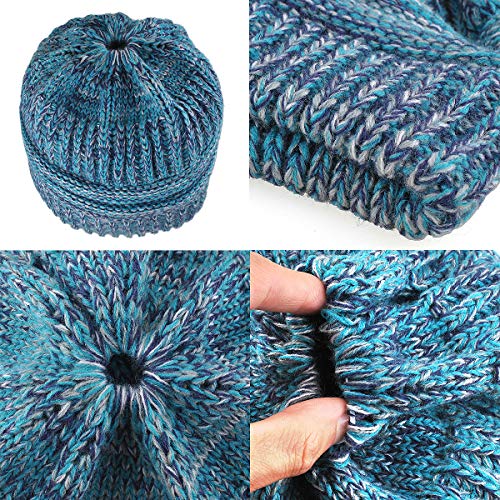 Women Ponytail Beanie 2-Pack, Thick Thermal Soft Acrylic Winter Skull Cap - color: B & E