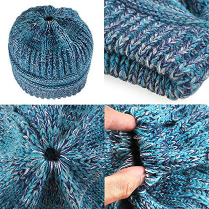 Women Ponytail Beanie 2-Pack, Thick Thermal Soft Acrylic Winter Skull Cap - color: B & E