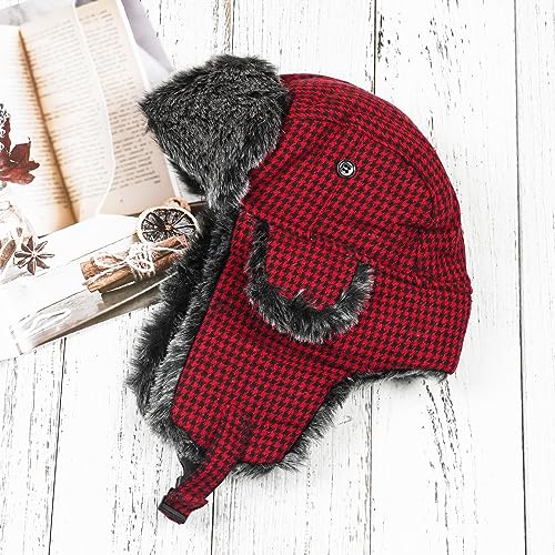 ONWAY Trapper Hat Winter Hats for Women Men with Faux Fur Ear Flaps - color: Dark Red