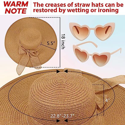 Jeyiour 12 Pcs Women Floppy Sun Hat and Heart Sunglasses Set, Wide Brim Straw Hats with Bow, Tea Party & Beach Pool Favors - color: Multicolor, style: Glitter
