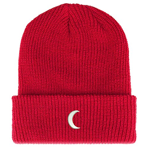 Trendy Apparel Shop Crescent Moon Embroidered Ribbed Cuffed Knit Beanie - color: Red