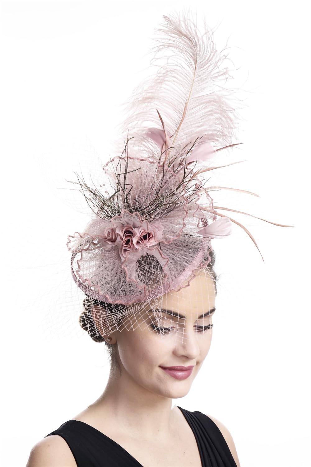 SAFERIN Fascinator for Women Hair Clip Hat Bowler Feather Flower Veil Wedding Party Hat Tea Hat - color: Ta12-pink