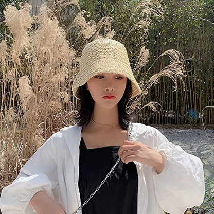 Women Sun Hat Hand-Woven Packable Beach Bucket Hat Summer Floppy UV Protection Hats - color: Beige