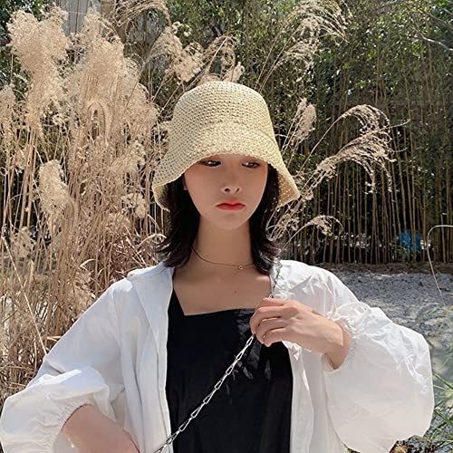 Women Sun Hat Hand-Woven Packable Beach Bucket Hat Summer Floppy UV Protection Hats - color: Beige