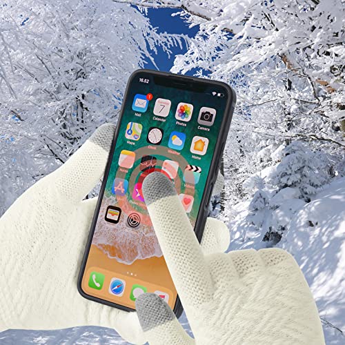 3 Pcs Women Winter Knit Beanie Hat Scarf Touchscreen Gloves Set Warm Soft Thick Fleece Lined Skull Cap with Double Pom Pom - color: White