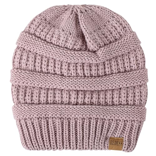 REDESS Slouchy Beanie Hat for Men and Women Winter Warm Knit Hat Chunky Soft Oversized Cable Cap - color: Light Pink