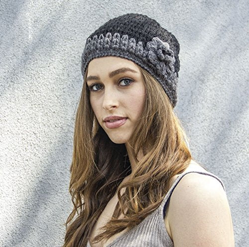 Wool Hand Knit Unisex Fleece Lined Ear Flap Beanie Sherpa Cap Hat Nepal - color: Black Rose