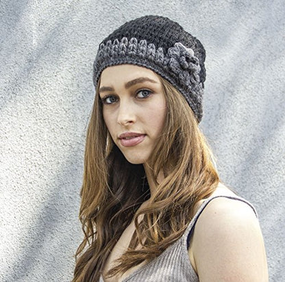 Wool Hand Knit Unisex Fleece Lined Ear Flap Beanie Sherpa Cap Hat Nepal - color: Black Rose