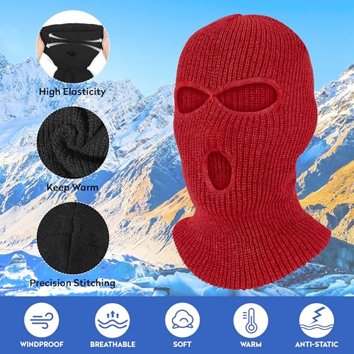 Pukavt 2 Pack 3 Hole Winter Knitted Mask, Ski Mask Balaclava Cap - color: Red