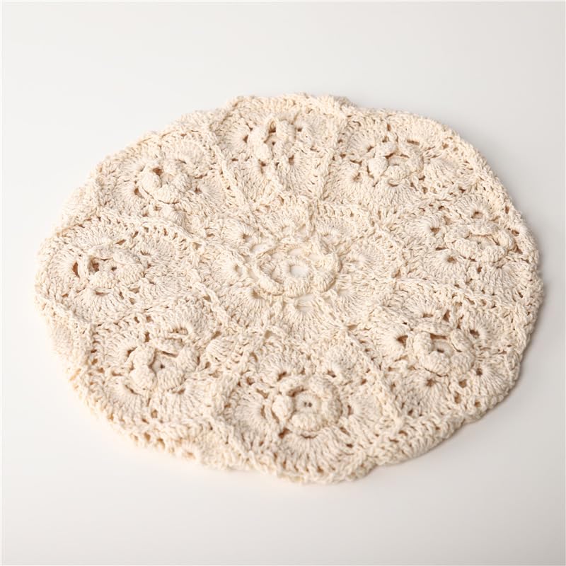 yolrdiw Cotton Crochet Beanie Handmade Floral Beret Beach Travel Boho Hat - color: Beige