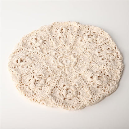 yolrdiw Cotton Crochet Beanie Handmade Floral Beret Beach Travel Boho Hat - color: Beige