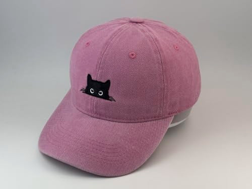 Peeking Black Cat Embroidered Washed Baseball Cap, Adjustable Vintage Dad Hat for Cat Lovers Unisex - color: Pink