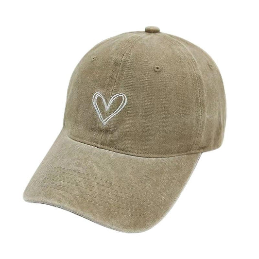 Unisex Vintage Baseball Cap: Washed Distressed Baseball Cap Twill - Men Womens Trucker Hat - Adjustable Dad Hat - color: Khaki White Heart