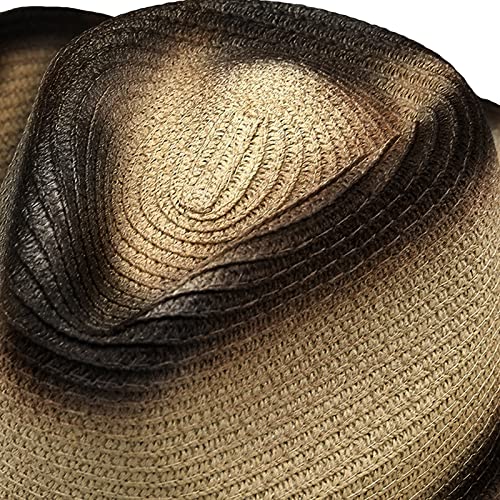 Cowboy Straw Hat Men Women Wide Brim Fedora Panama Bucket Hat UV Protection Vacation Cap Foldable Beach Western Cap - color: Beige-black