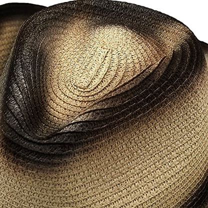 Cowboy Straw Hat Men Women Wide Brim Fedora Panama Bucket Hat UV Protection Vacation Cap Foldable Beach Western Cap - color: Beige-black