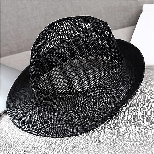 Men Straw Fedoras Summer Trilby Hat Vintage Mesh Panama Sun Hat Short Brim Beach Travel Hat British Jazz Hat Outdoor Bucket - color: Mesh Black