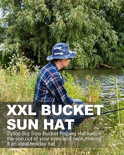 Zylioo XXL Bucket Hat for Big Heads, Reversible Fishing Sun Hat - color: Black-blue Camo, size: Large-X-Large