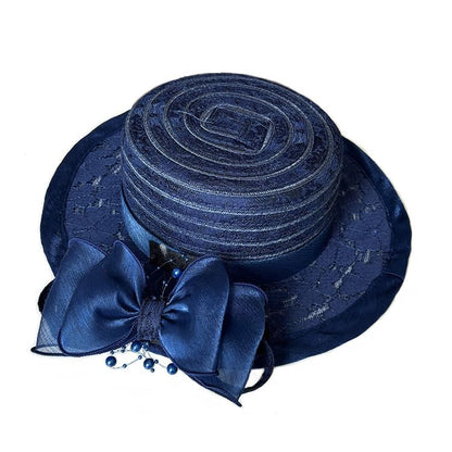 Women's Organza Derby Fascinator Hat Cloche Bowler Hat Cocktail Tea Party Wedding Sun Hat - color: K-darkblue